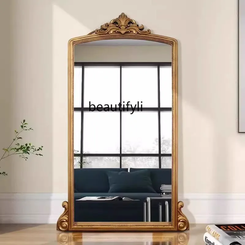 

French Retro Full-Length Mirror American Style Floor Mirror Home Wall-Mounted Carved Cloakroom Dressing Mirror