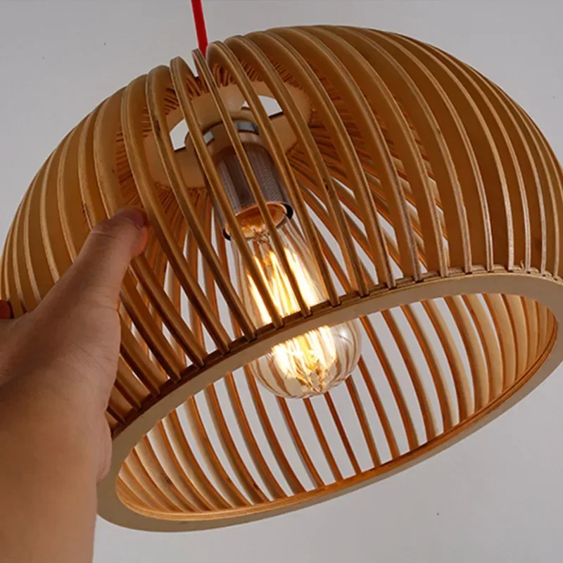 TechHPHand-made Wooden Birdcage Pendant Lamp Netherlands Home Decoration E27 Suspension Light Indoor