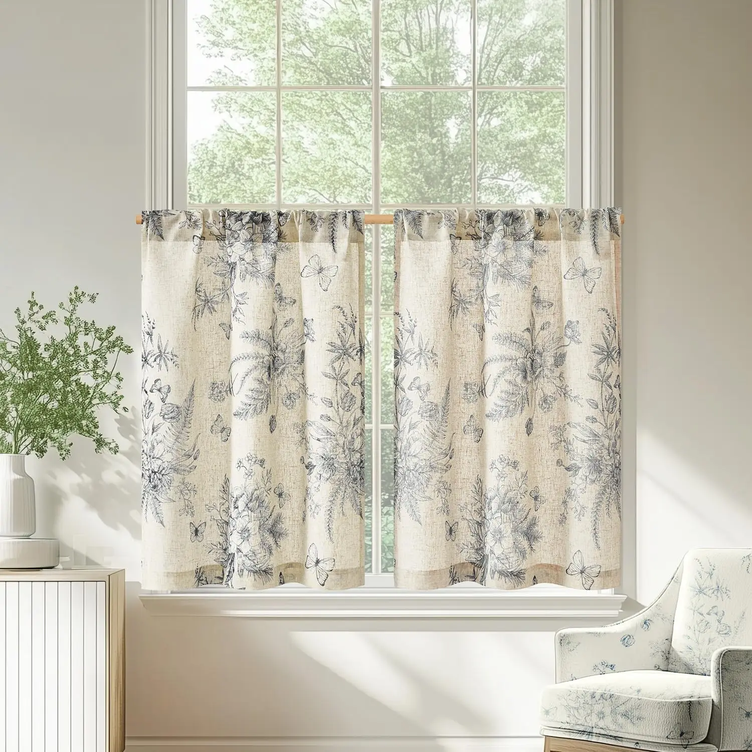 Botanical Fern Curtains Butterfly Print for Kitchen Living Room Window Cottage Farmhouse Decor