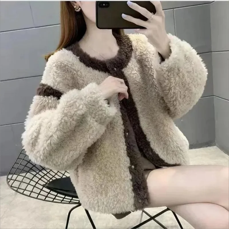 Schapen-Achtige Shearling Coat Vrouwen 2024 Winter Wew Korte Kleine Top Coat Imitatie Lamswol Korrelige Fleece Korte Jas