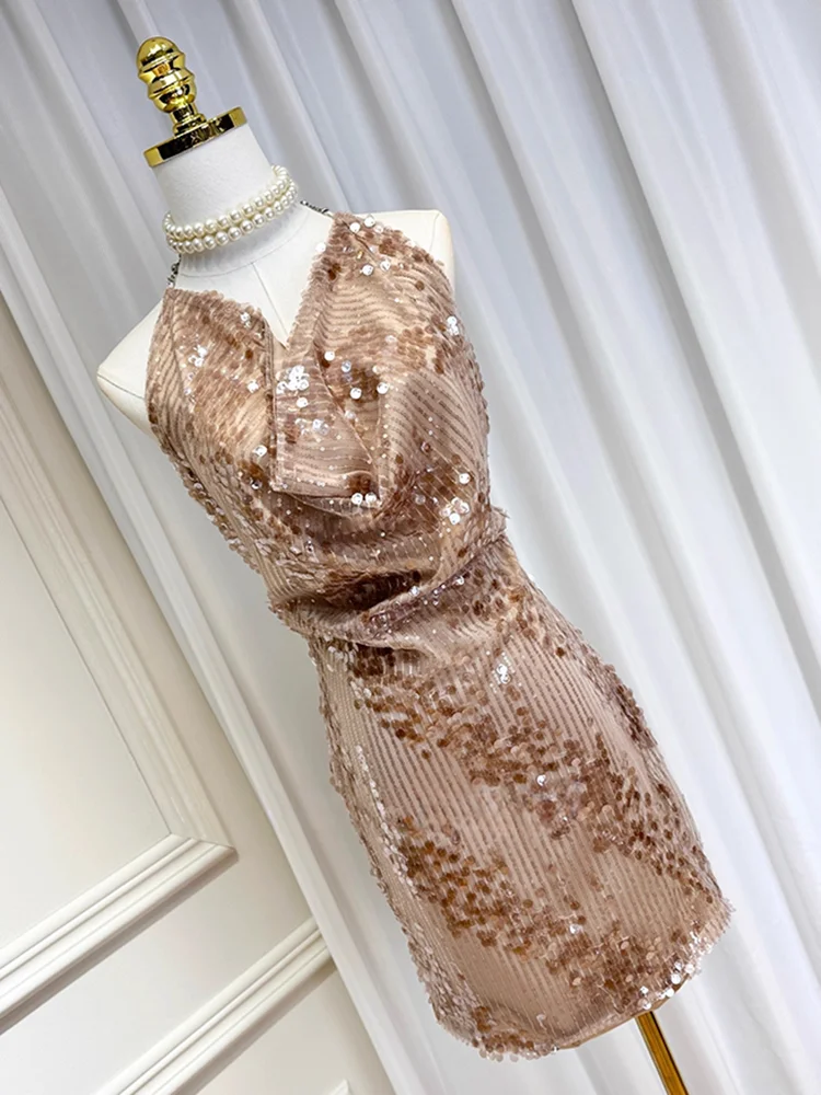 REDDACHiC الماس سلسلة الرسن فستان الحفلات المرأة بريق الترتر القلنسوة الرقبة فستان Bodycon صغير العودة للوطن عيد ميلاد مثير الملابس