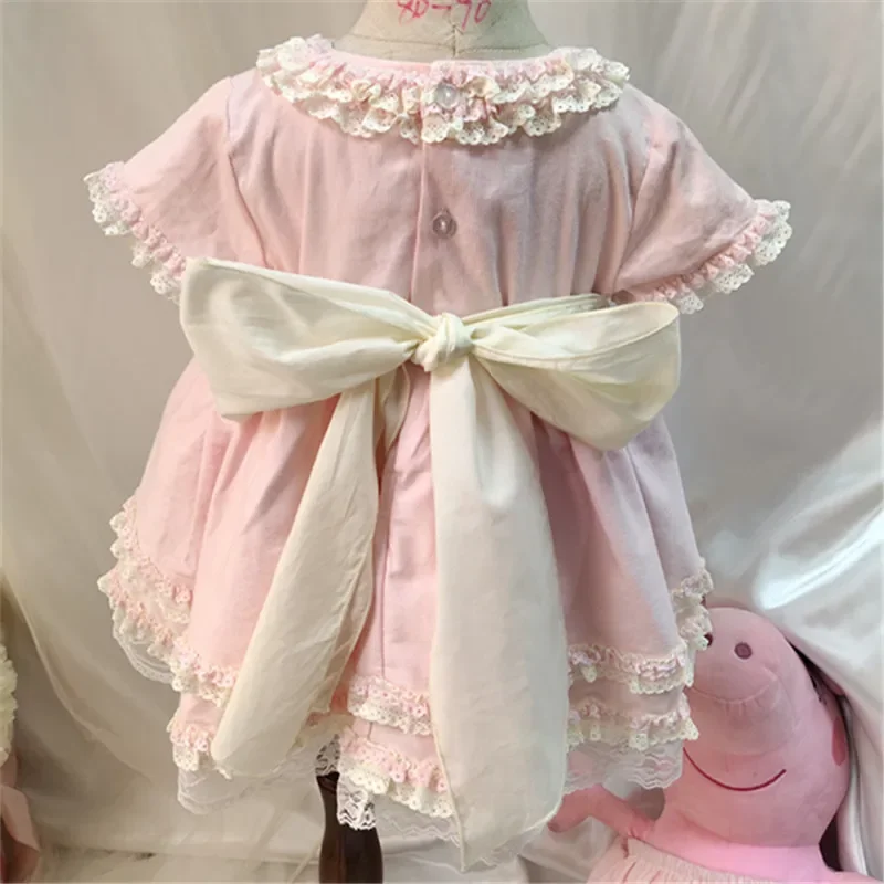 Handmade Girls Spanish Court Dress Bow Lace Sweet Quality Princess Dress 1-6years Gilrs Party Dress Panty Hats 3pcs