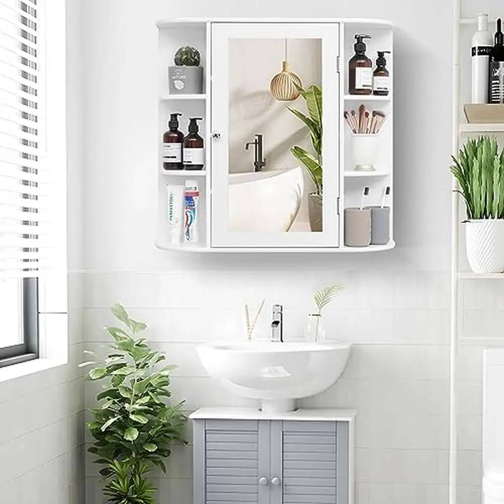 Bathroom Wall Cabinet Mirror Medicine Adjustable Shelves Open Mounted White Sturdy Eco-Friendly Waterproof Easy Assembly 26