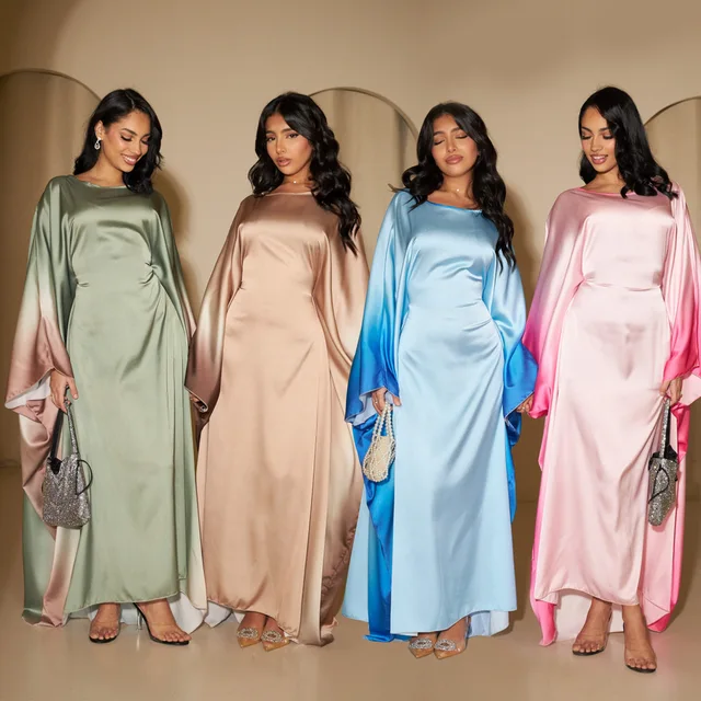 Gradient Color Shiny Batwing Satin Maxi Abaya Dubai Luxury 2024 Abayas For Women Muslim Kaftan Dress Islam Caftan Marocain Femme