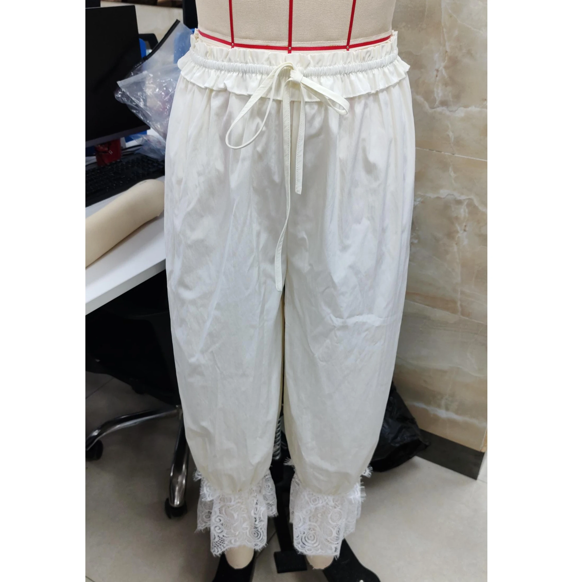 

2025 женские однотонные широкие брюки, кружевные лоскутные свободные длинные брюки с эластичной резинкой на талии, уличная одежда для повседневной вечеринки