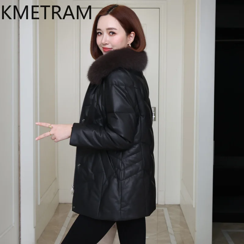 White Goose Down Puffer Jacket Women 100% Sheepskin Black Down Coats Fox Fur Collar 2025 Winter Woman Clothing Пуховик Женский