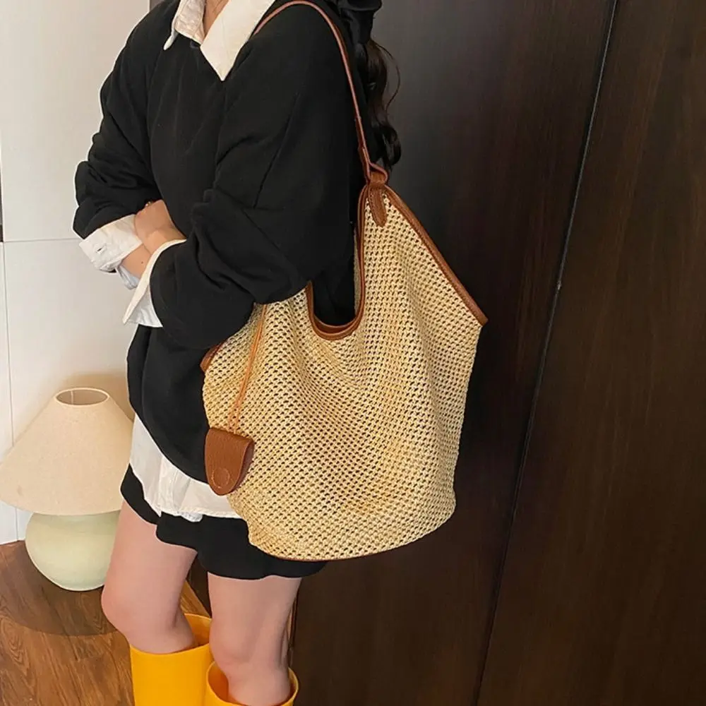 

Hollow Out Straw Woven Bag Parent Shoulder Bag Tote Bagwith Sunglasses Clip Bohemian Beach Bag Large Capacity Beach Handbag