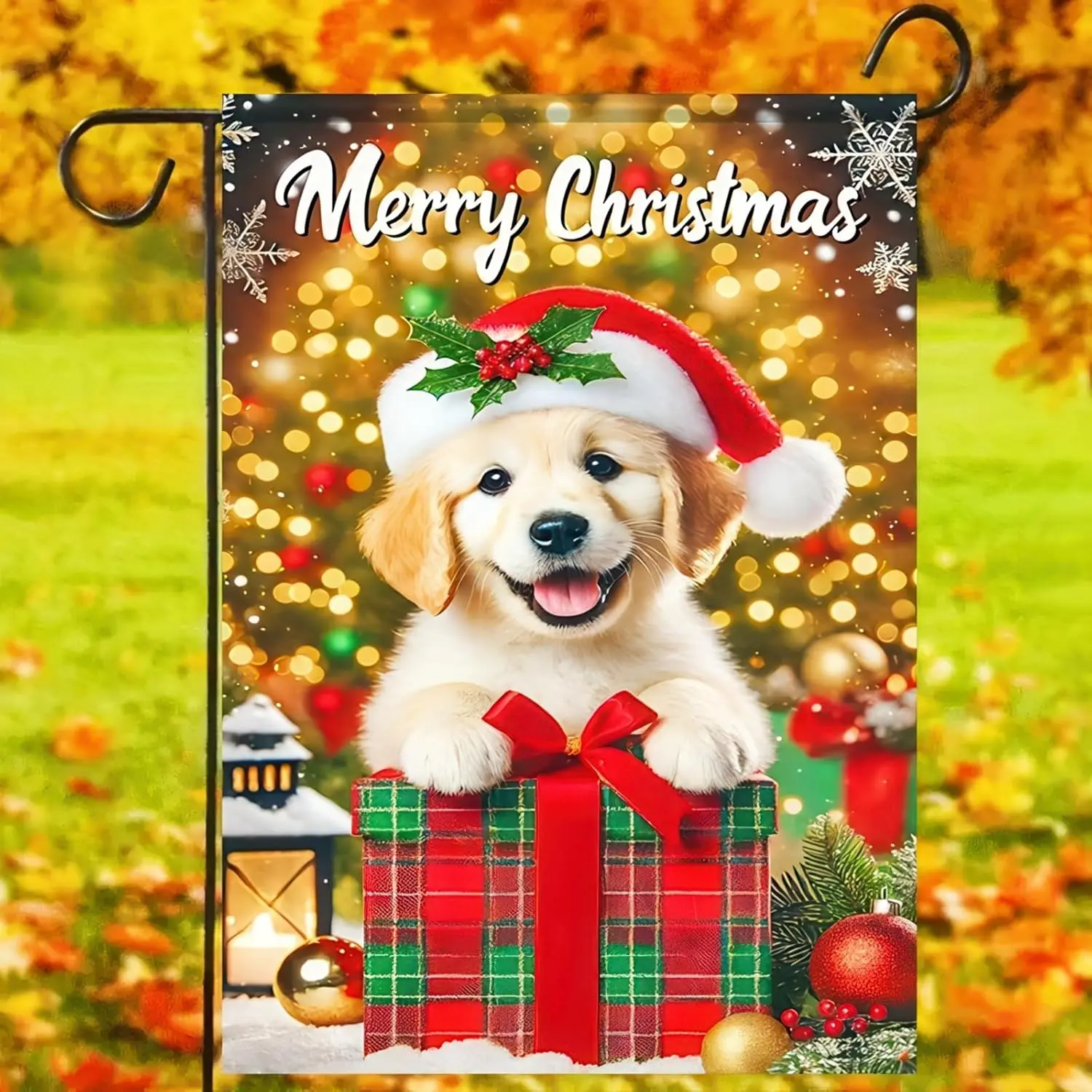 Merry Christmas Garden Flag 12x18 Flag Golden Retriever Puppy Garden Flag Dog Santa Hat Gift Box Double Sided Flag Winter Sign F