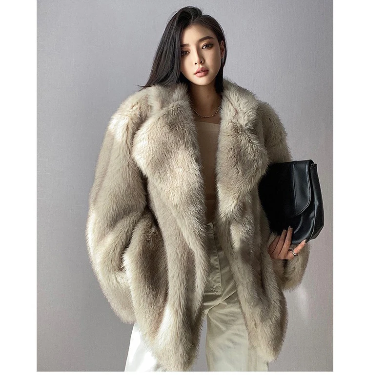 Lautaro Winter Loose Casual Thick Warm Soft Hairy Faux Fur Coat Women Luxury High Quality Furry Fluffy Jacket Korean Fashion