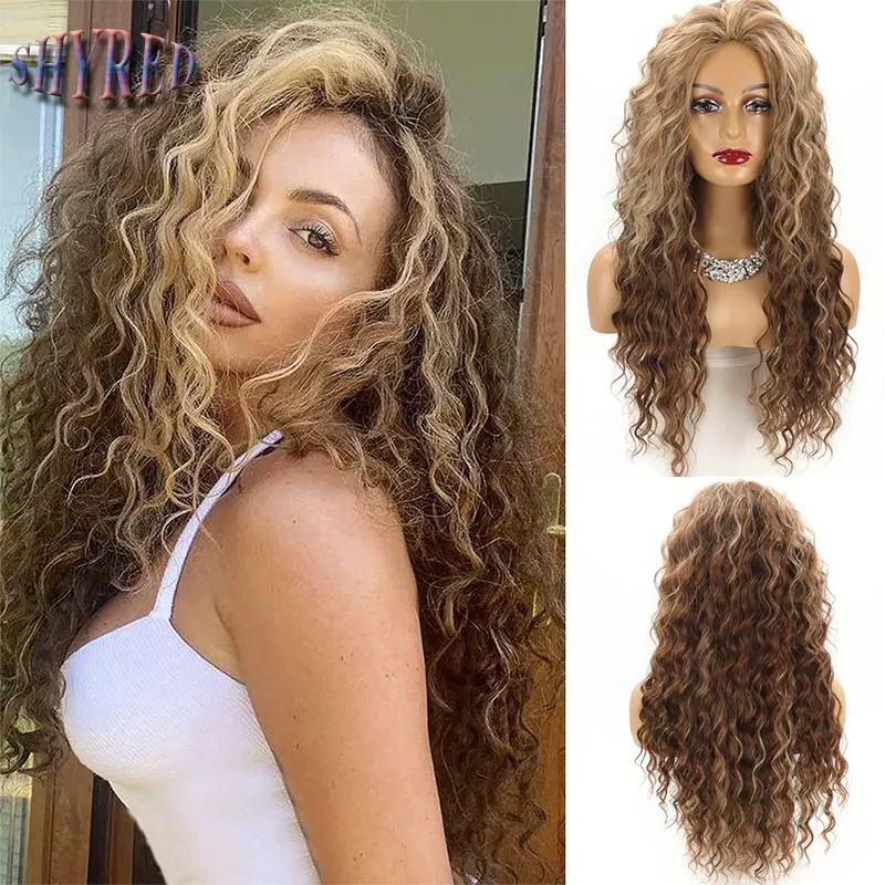 

26 Inch Long Curly Synthetic Wigs for Women Gradient Brown Ombre Wig Water Wave Realistic Wig Female Cosplay Halloween