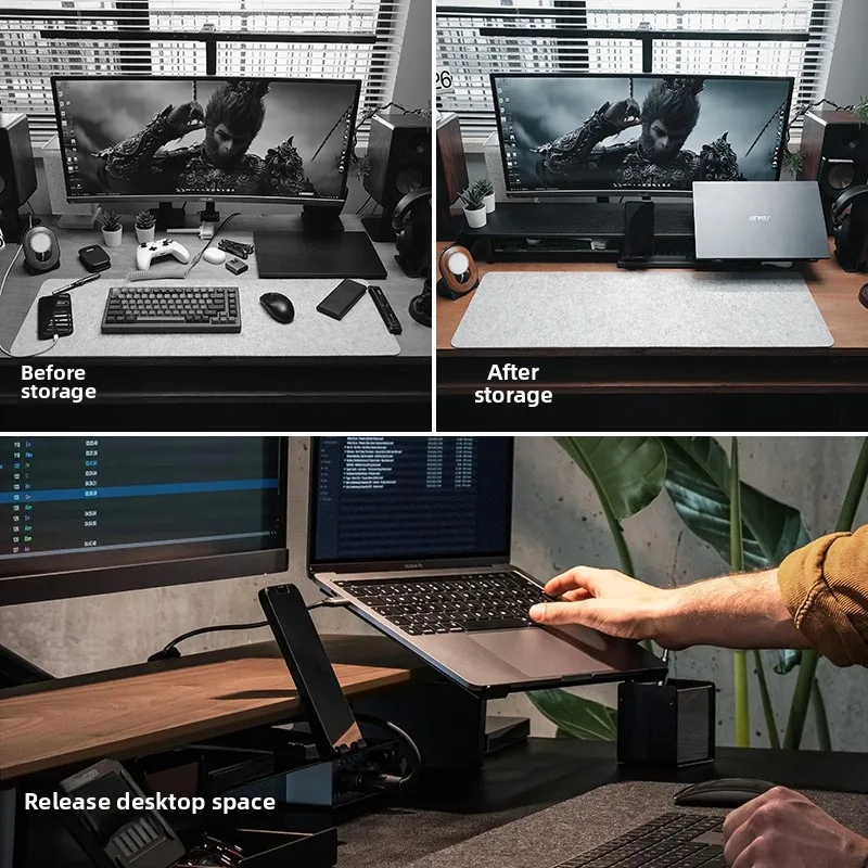 Dudukan Monitor Modular Rak Riser Desktop Kayu Walnut Hitam Tempat Tinggi Layar Ergonomis Organizer Meja Kantor Ruang Esports