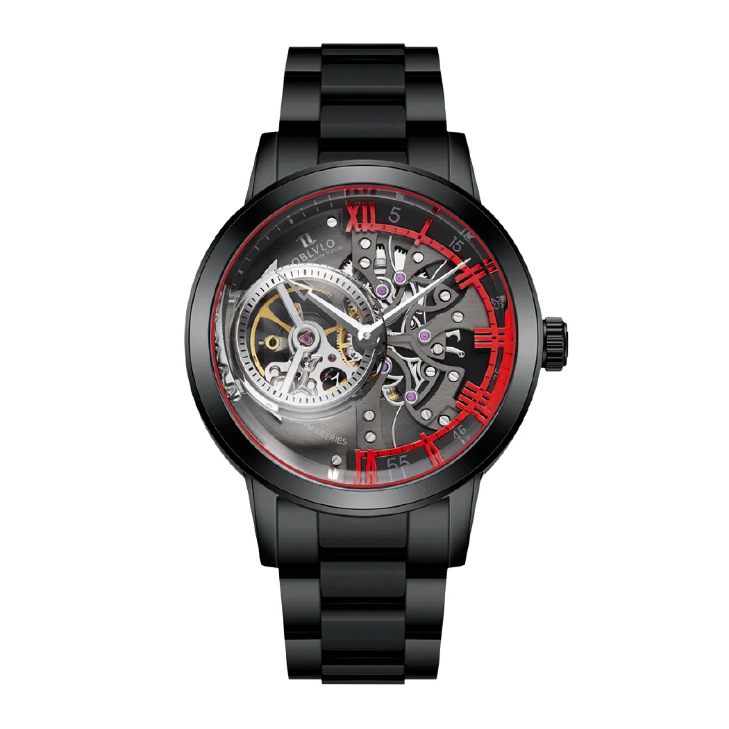 ساعة أوبلافلو للرجال غير رسمية بسوار خلفي ساعات أوتوماتيكية ميكانيكية بسوار من الفولاذ المقاوم للصدأ وزجاج كريستالي معدني وذهبي ووردي VM