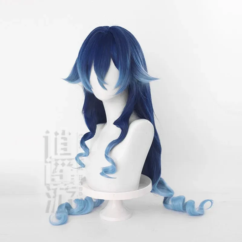 Peluca de Anime Layla Cos mezclada con degradado azul, pelo largo y rizado, coletas dobles, pelo sintético resistente al calor, pelucas de Cosplay + gorro de peluca
