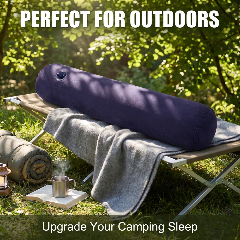 1 Stück Zylindrisches Aufblasbares Campingkissen, Weiches Beflocktes Nackenkissen für Outdoor-Reisen, Tragbares Nacken- und Lendenstützkissen