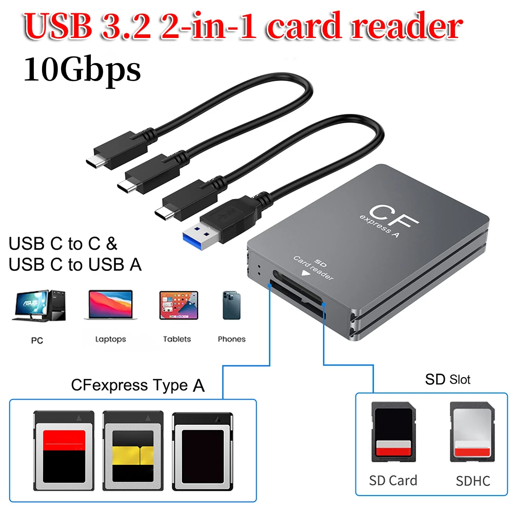 

2 в 1 CFexpress Type A SD Card Reader USB 3.2 10 Гбит/с с кабелем USB C к USB C/A Поддержка Android/Windows/Mac OS для зеркальных фотокамер