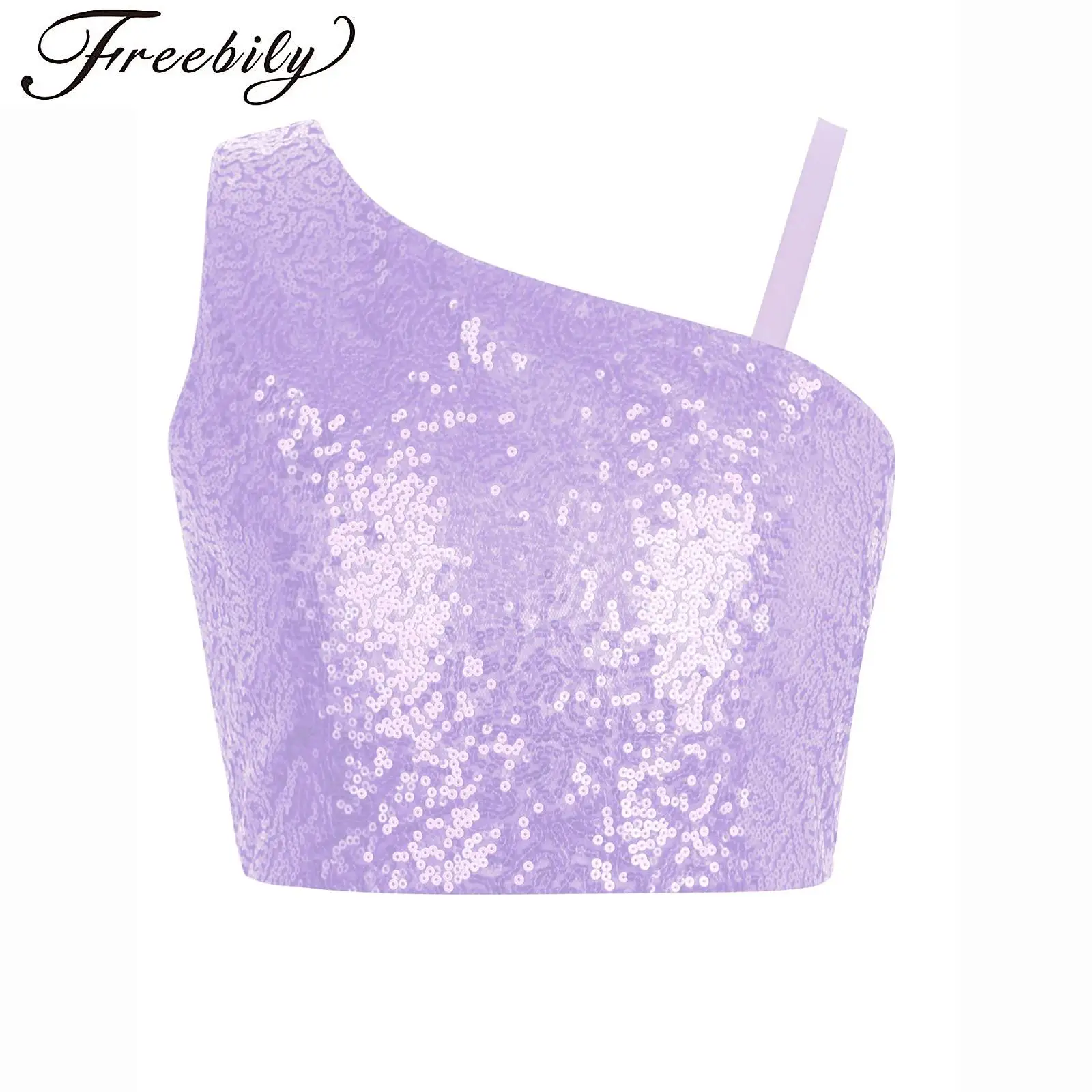 

Teen Girls Sparkly Sequin Tops Solid Color Spaghetti Strap Sleeveless One Shoulder Crop Top for Banquet Prom Wedding Celebration