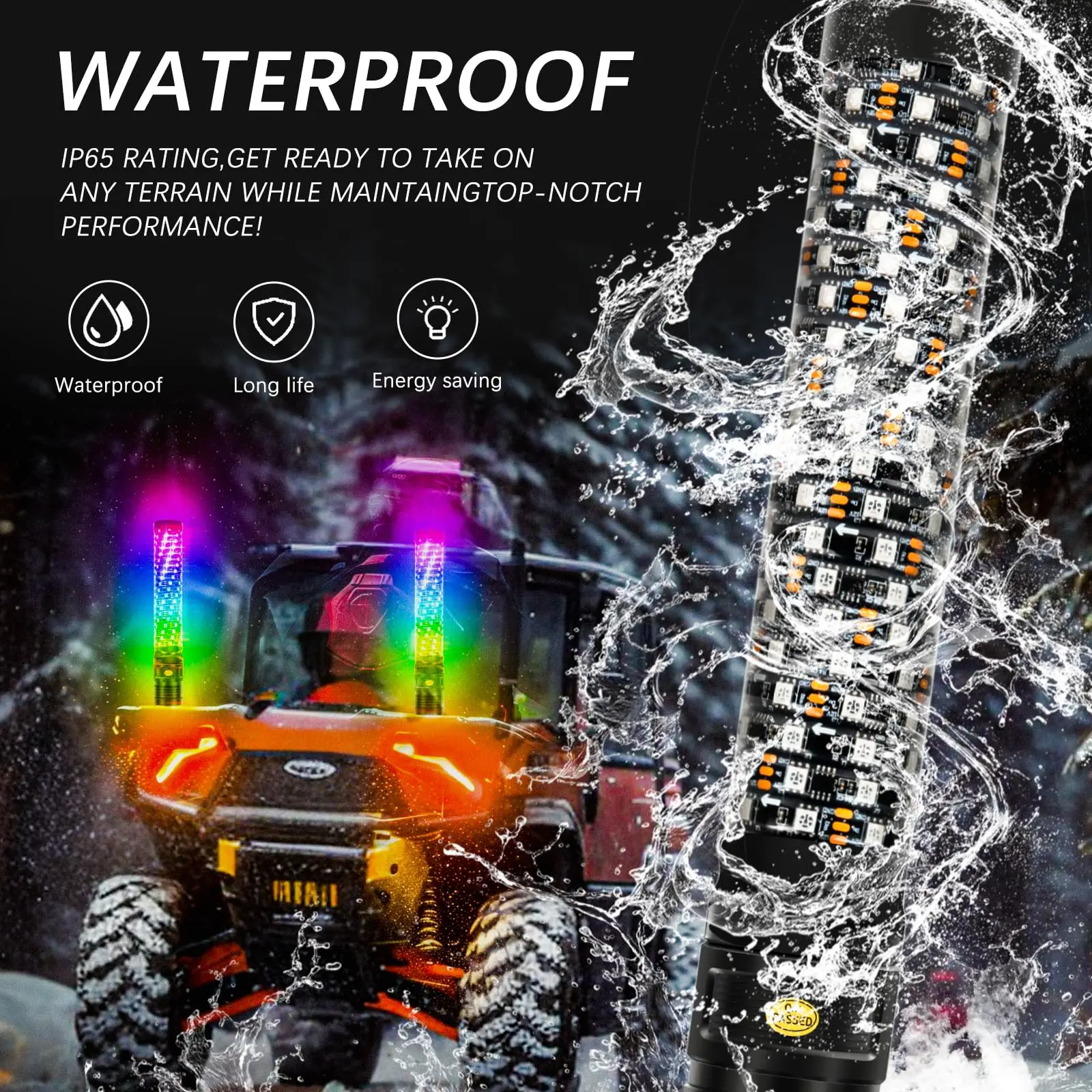 Bluetooth controle remoto espiral LED chicote luzes, 1ft, antena iluminada, colorido, ATV Polaris RZR Can-am X3 UTV, 2pcs