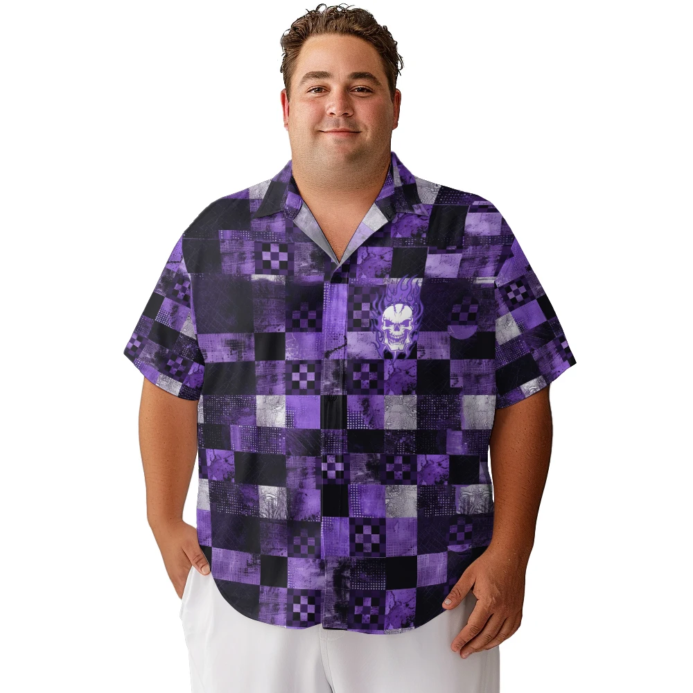 2024 new Hawaii Men's shirts plus size Halloween purple checkerboard skull badge printed clothing casual short-sleeved