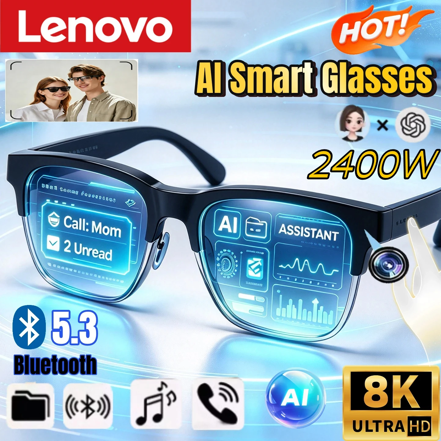 Lenovo AI Smart Glasses Translation Listening To Music Bluetooth Conversation Recording 2027 New Smart Sunglasses for Men Women