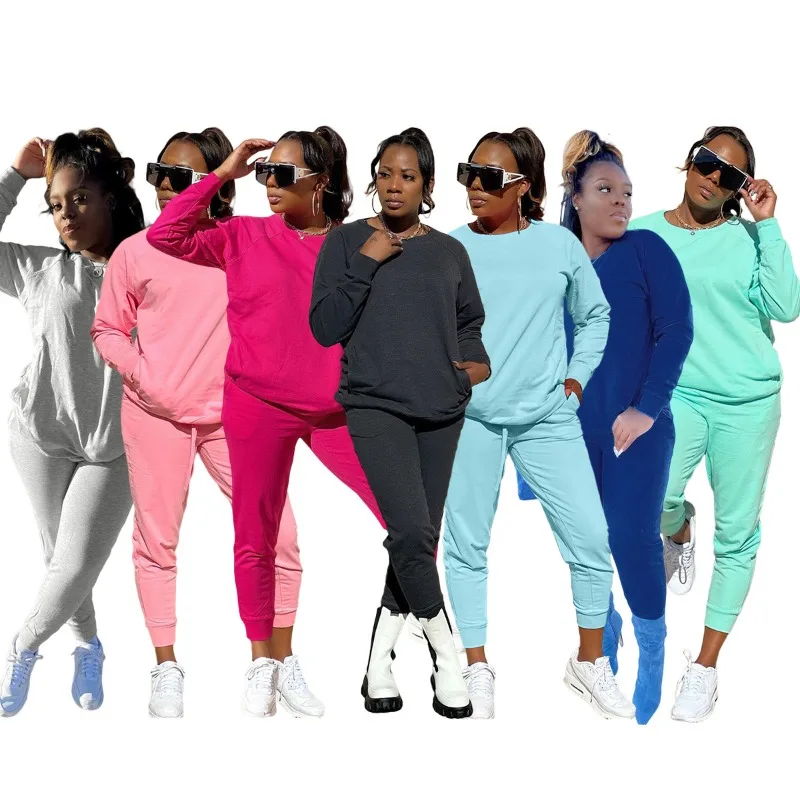 

Women Autumn Winter Cotton 2 Piece Set Tracksuits O-neck Long Sleeve Pullover Sweatshirts Top + Drawstring Pockets Pants Suit