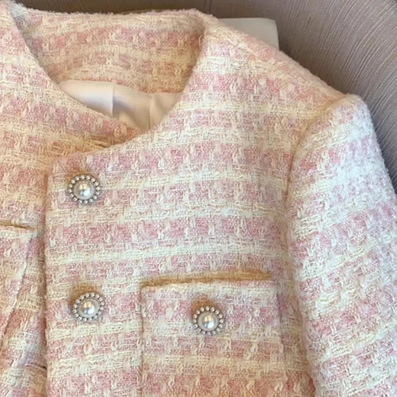 معاطف نسائية كلاسيكية من التويد كورية أنيقة على طراز هيبورن سترة برقبة دائرية Y2K للخريف مكتب سيدة زر من اللؤلؤ كل مباراة ملابس خارجية قصيرة #4