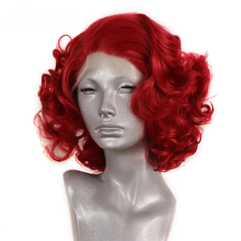 Hot Red Short Wavy Lace Front Wigs Makeup Daily Use Synthetic And Blend 13x4 HD Lace Wigs Free Part For Women Cosplay Clearance