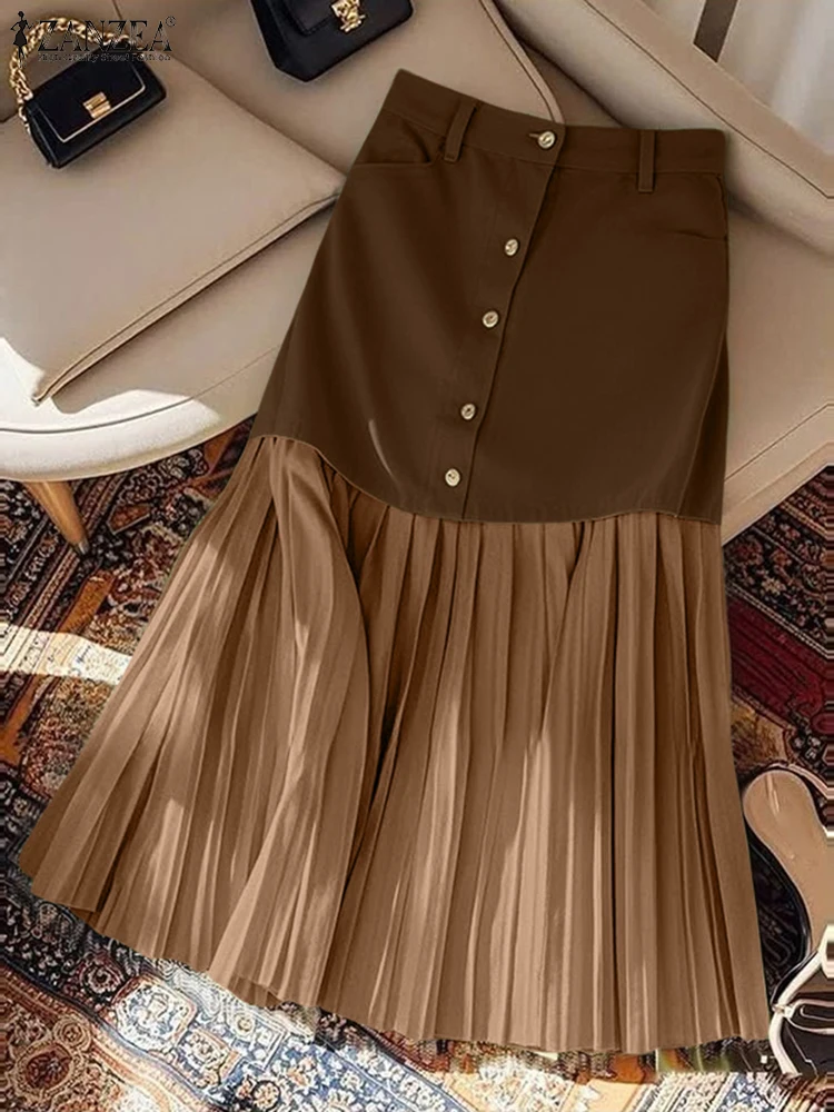 

ZANZEA Elegant Women Ruffled Skirts High Waist Long Jupes Maxi Faldas Saia 2025 Autumn Buttons Casual Solid Party Office Bottoms