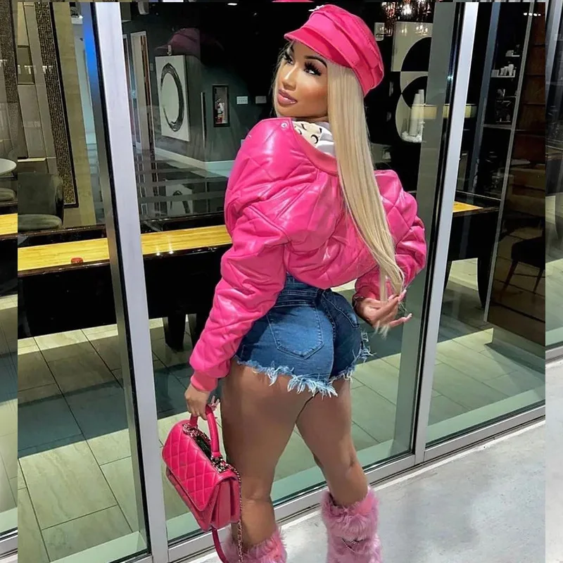Chaqueta de plumas de cuero PU rosa brillante para mujer, abrigos de burbujas delgados de cintura alta, chaquetas de botonadura única, abrigos