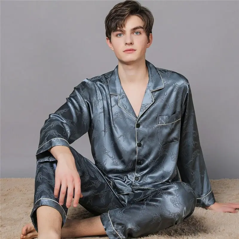 Men's Mulberry Silk Pajamas Set for All Seasons Long Sleeves Loose Fit Large Size Spring Autumn Loungewear Dads Soft XXXL Size