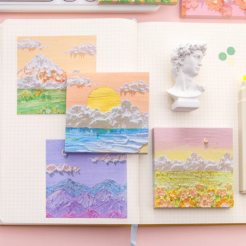 Kawai Memo Pad Landscape Oil Painting Three Dimensional Sticky Hand Note Paper Sticky Japanese Note Book Kawaii School Supplies