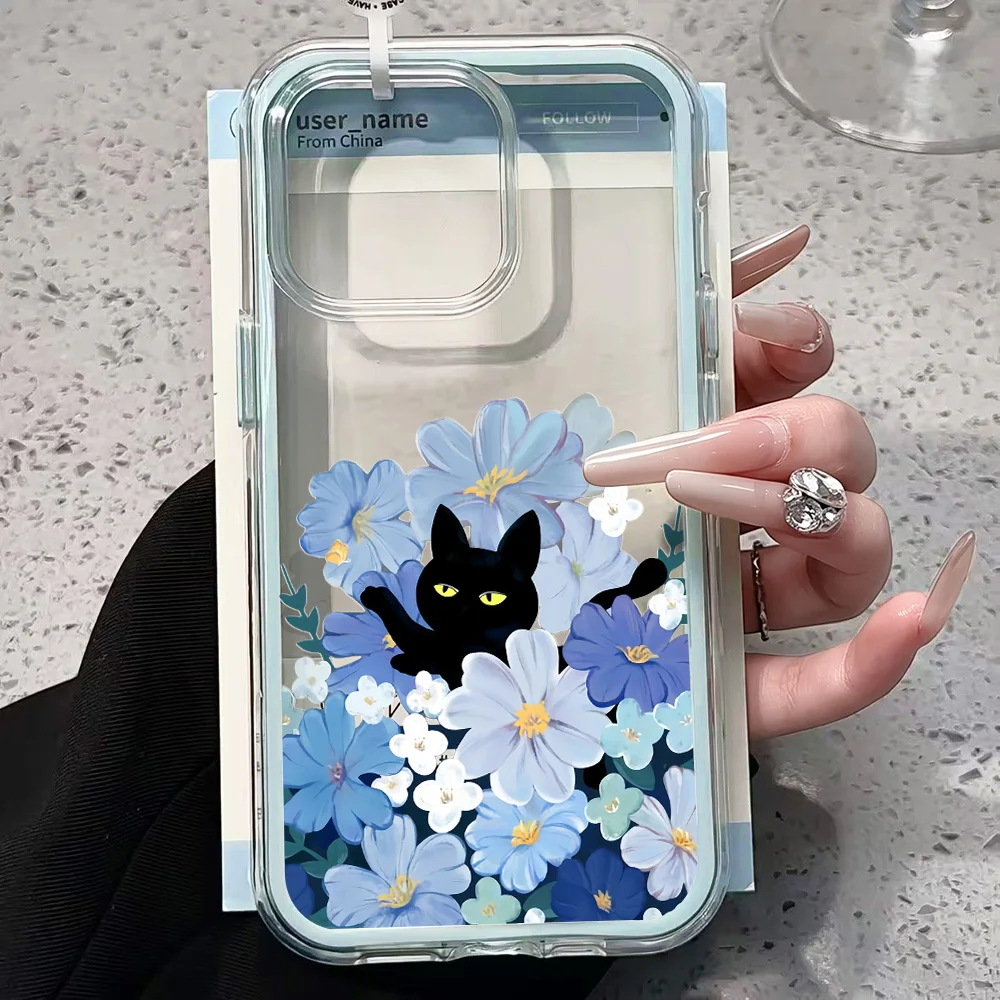 Blaue Blume Schwarze Katze Transparente Handyhülle für iPhone 17 13 16 15 11 12 14 Pro Max 17 Air XR X Hülle Silikon Weiche Stoßfeste Abdeckung – Detail 3