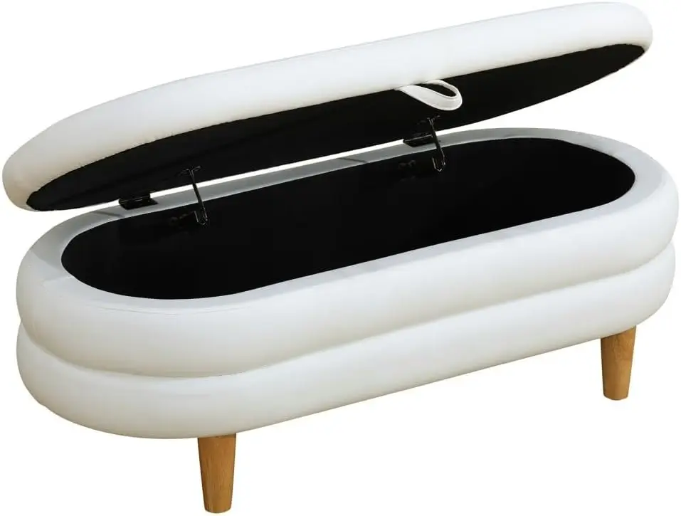 44.5 Inch Printed Fabric Upholstered Storage Ottoman Bench, Large Oval Storage Bench for End of Bed, Bedroom, Living Room, Entryway, Aesthetic White