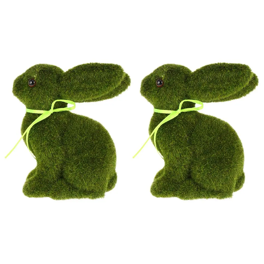 

2 Pcs Flocked Bunny Decoration Green Medium Easter Rabbit Statue Home Party Gift Kids Safe Plant Rabbit Figurine