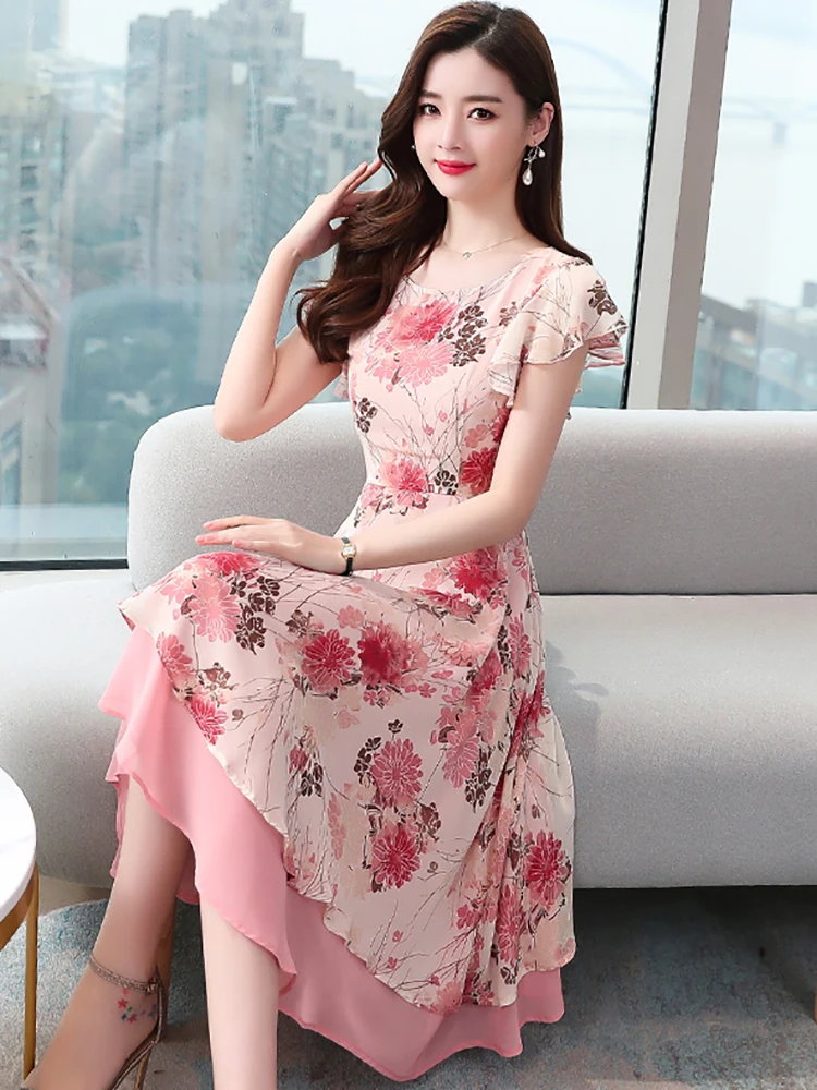 2024 Pink Floral Ruffle Casual Boho Beach Kawaii Sundress Women Chic Sexy Prom Midi Dress Korean Elegant Bodycon Evening Vestido