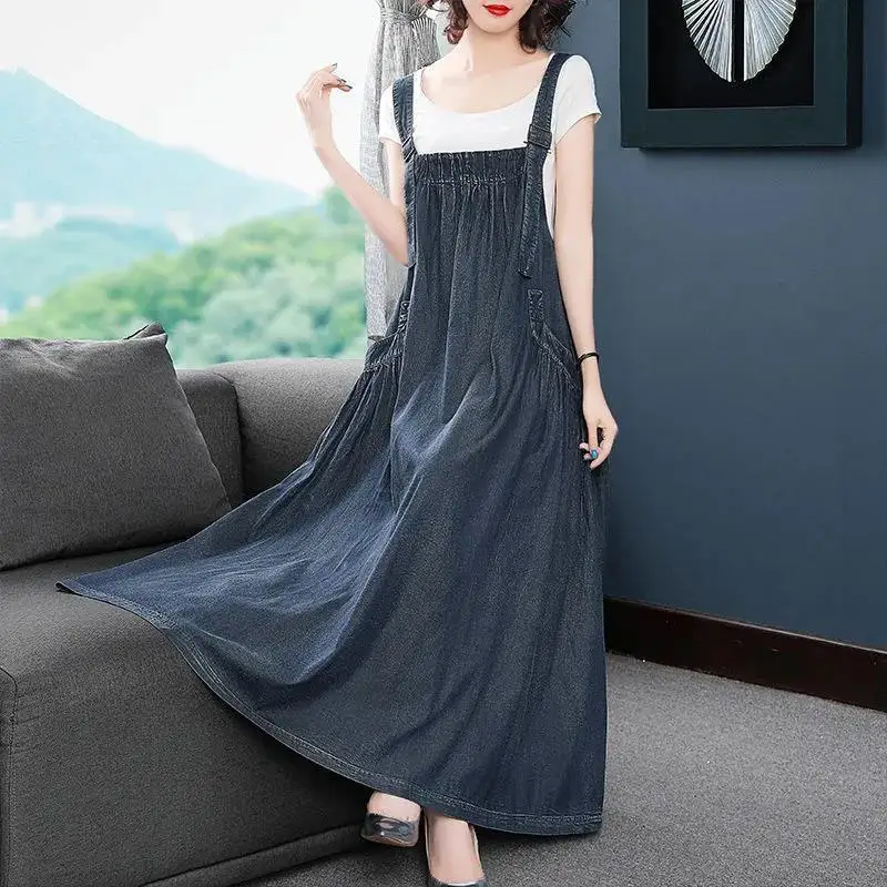 

2023Spring summer new suspender dress women Korean loose slim denim strap dress Mid Length Skirt Female A-word Skirt swing dress