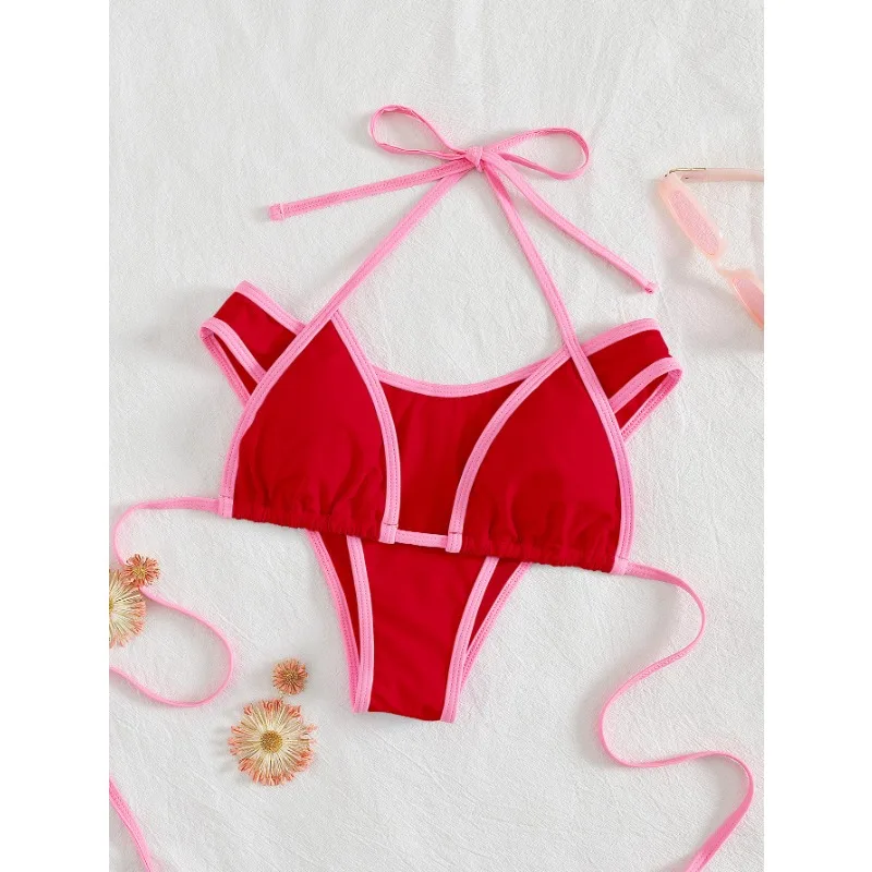 ฤดูร้อนชายหาดผู้หญิง Contrast Trim Halterneck One- Piece ชุดว่ายน้ําเซ็กซี่ชุดว่ายน้ําชุดว่ายน้ํา