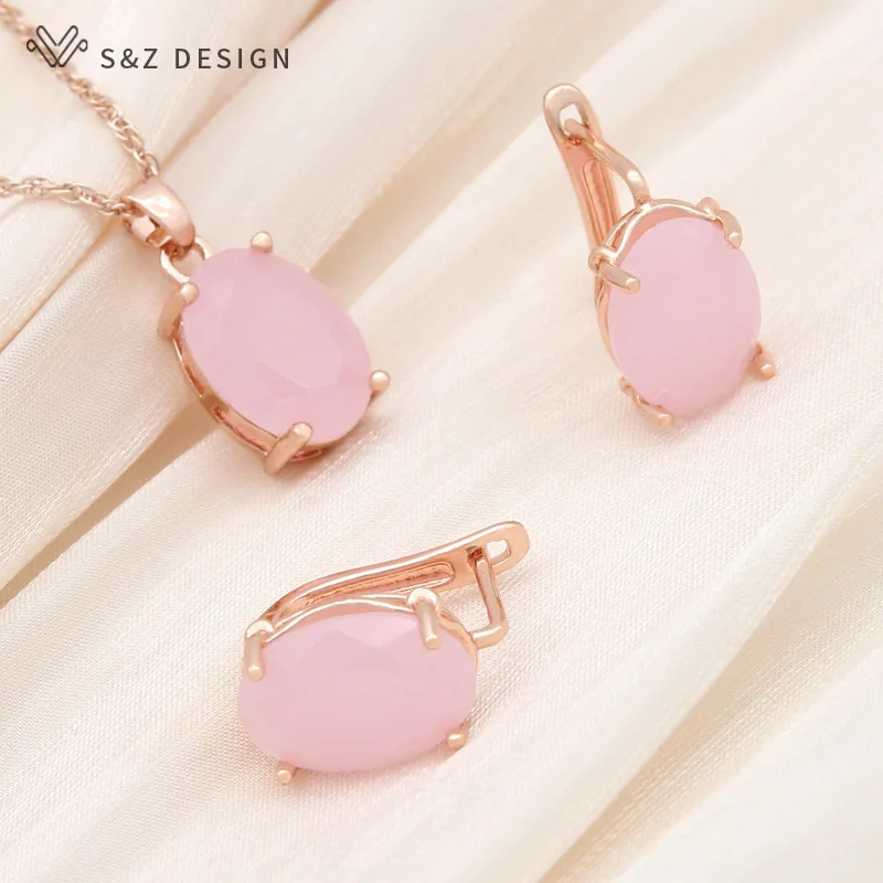 S&Z DESIGN New Oval Egg Shape Crystal Rose Gold Color Dangle Earrings Jewelry Sets For Women Wedding Fashion Pendant Necklace