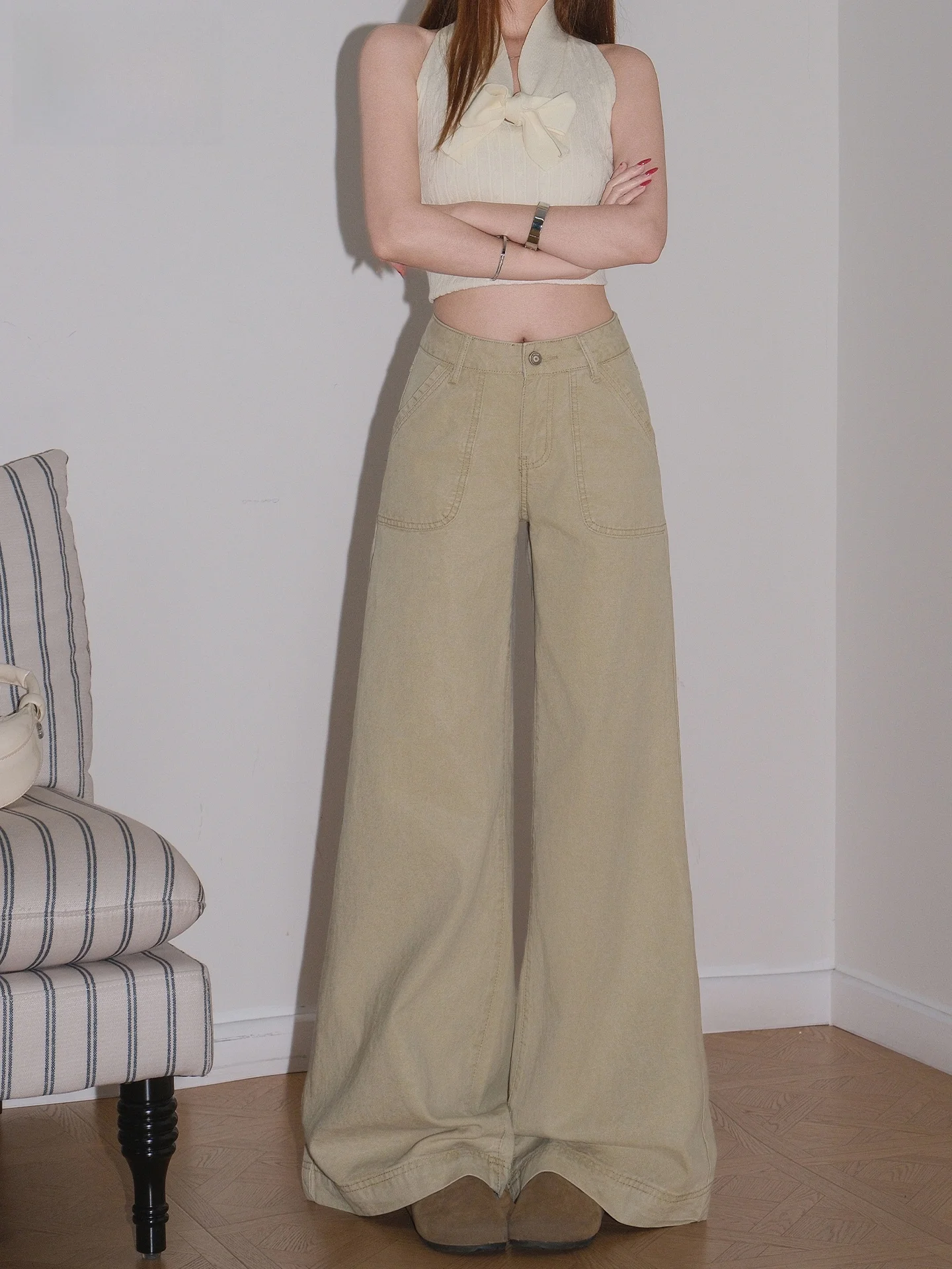 

Low Waist Wide Leg Khaki Denim Pants Women's Loose Fitting Summer Slimming Draping Floor-Length Casual Jeans