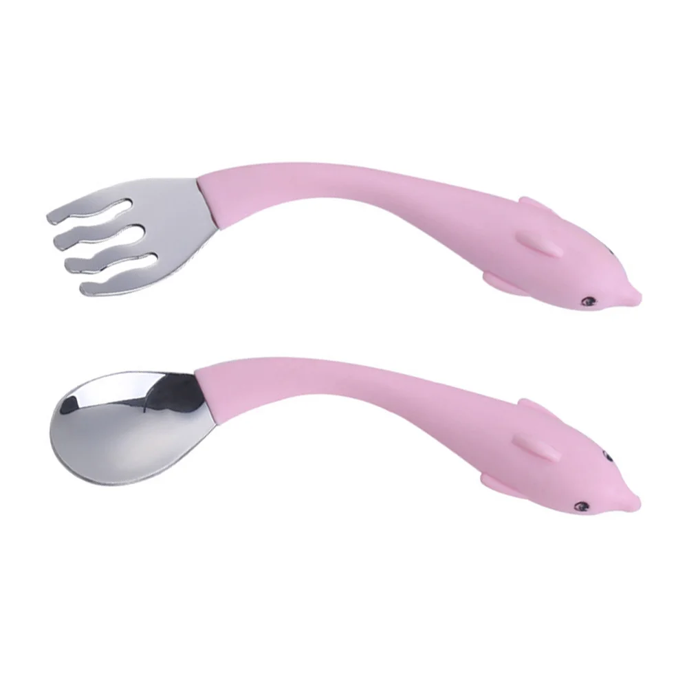 

2pcs Children's Cutlery Set Stainless Steel Baby Spoons Forks Pink PP Material Safe for Kids Learning Tableware