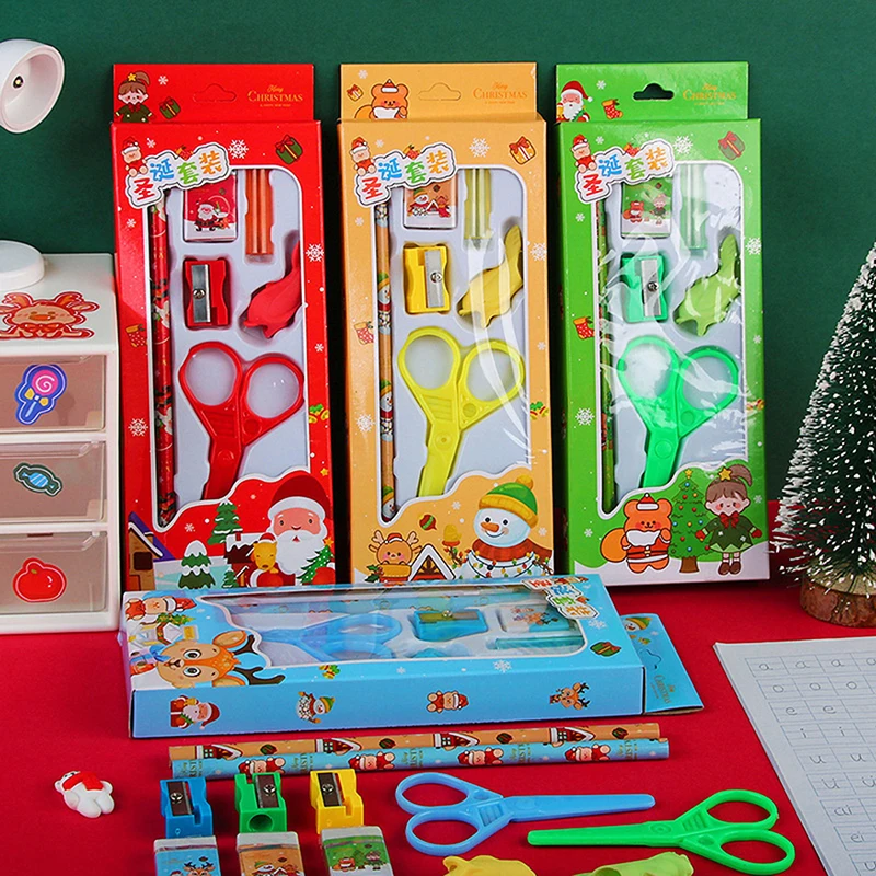 6Pcs/set Christmas Stationery Set Pencils Sharpener Erasers Children Writing Drawing Pencil Gifts School Stationeries Supplies