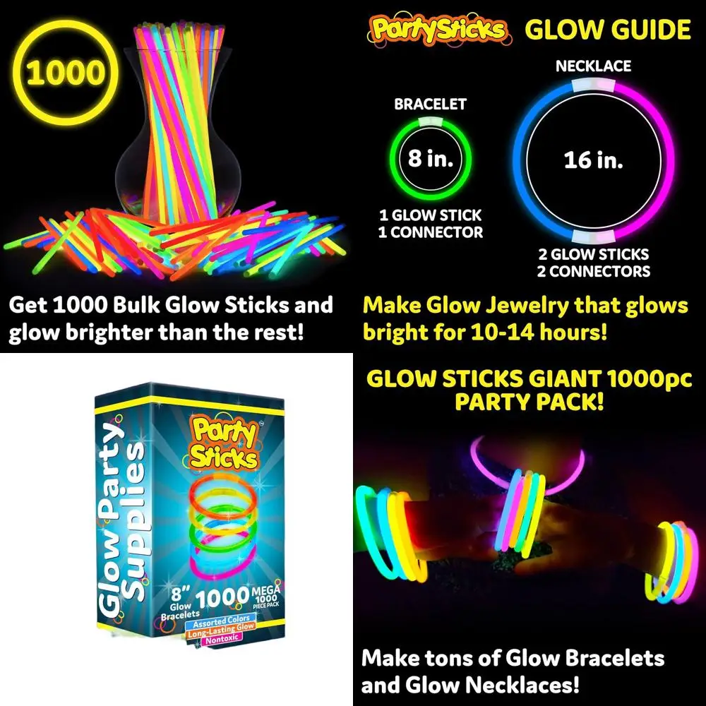 

Набор из 1000 светящихся палочек длиной 8 дюймов для вечеринок, неонового декора и браслетов