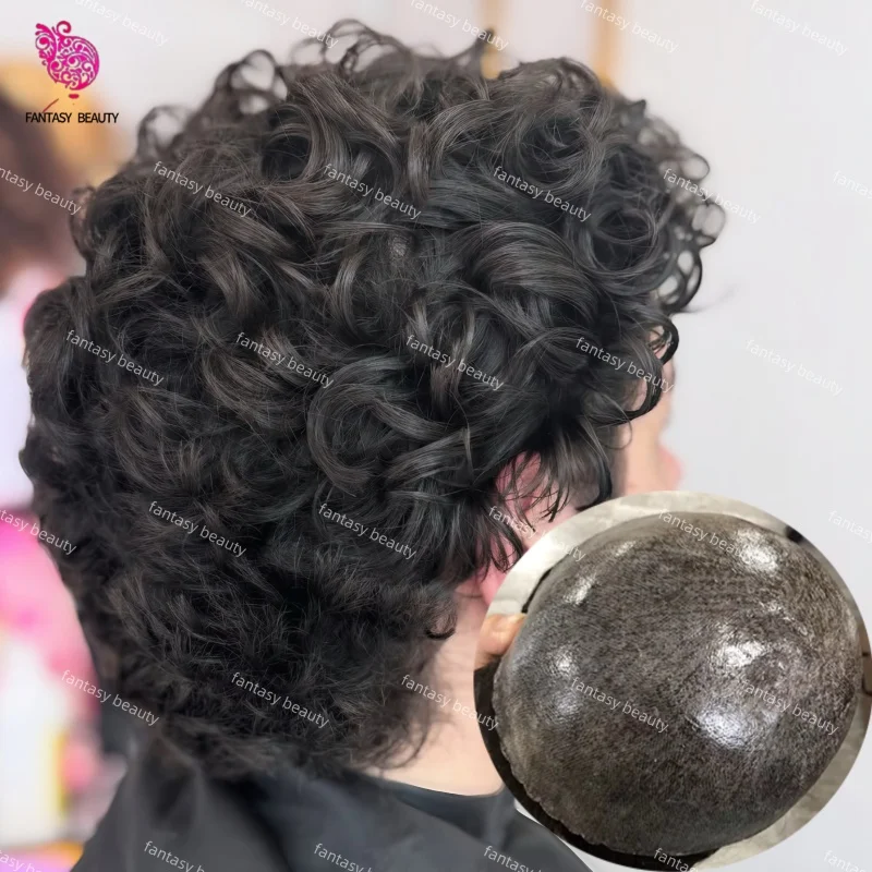 Grey Black Brown 20mm Curly Afro Toupee for Men Human Hair Durable 0.1MM Injected Transparent PU Men's Prosthesis Bald Toupee