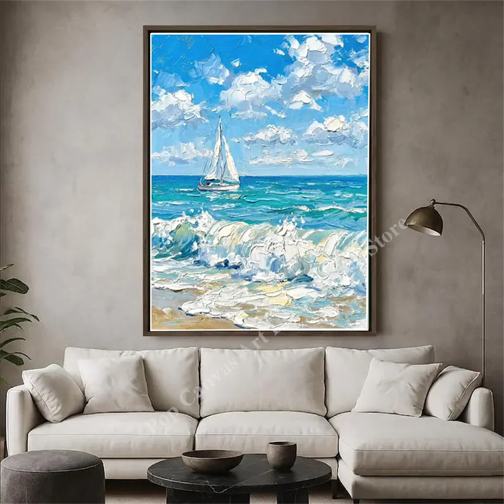 

Hand-Painted Seascape Sailboat Oil Painting, Thick Texture Knife Canvas Wall Art, Blue Ocean Beach Living Room Home Decor