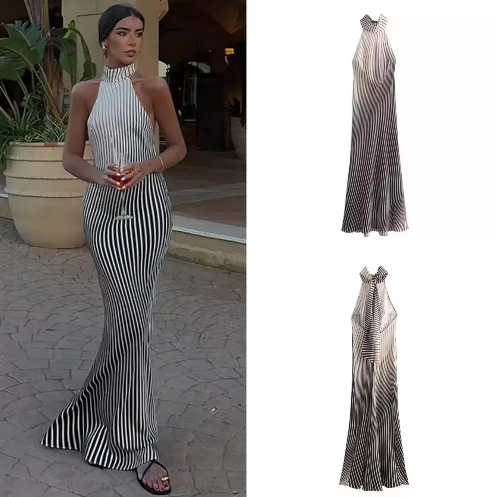 2024 Striped Maxi Dresses for Women Satin Backless Long Dress Woman Off Shoulder Halter Dress Women Summer Slip Dress Woman