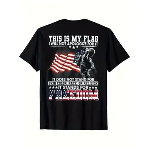 Vintage Patriotic American Flag & Soldier Print T-Shirt - 100% Cotton Unisex Casual Tee with Bold 