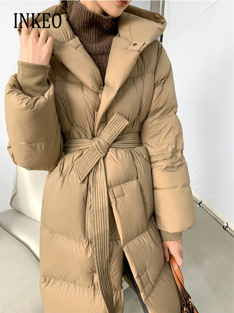 

2023 Winter Women's Hooded down jacket with sashes Khaki Thick Warm Oversized Long puffer coat Overcoat INKEO Luxury INKEO 3O116