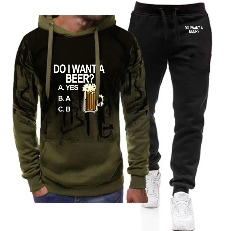 2025 Spring And Autumn Funny Beer Pattern Printing Men's New Gradient Color Set Hoodie + Casual Sweatpant Two-piece Suit
