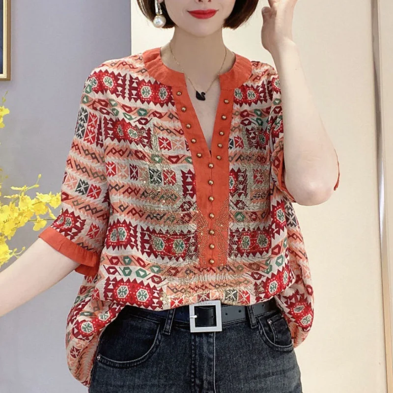 Summer new European and American ethnic style diamond printed short sleeved shirt