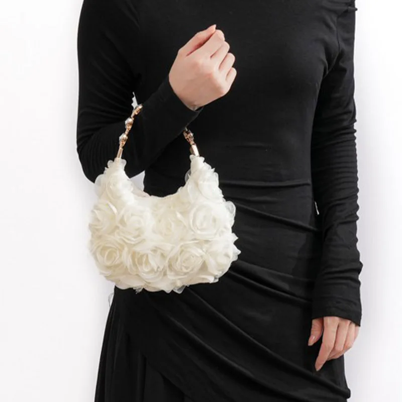 

Luxury Women's Elegant Three Dimensional Rose Flower Handbag Prom Dress Metal Chain Crossbody Bag Wedding Supplies Accessories
