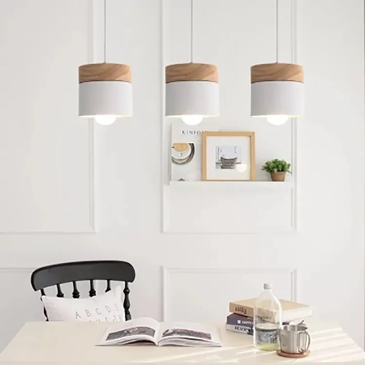 Pendant Light Nordic Led Minimalist Wooden Iron Hanging Lighting Bedside Creative Restaurant Study Bar Macarons E27 Gray Lamps